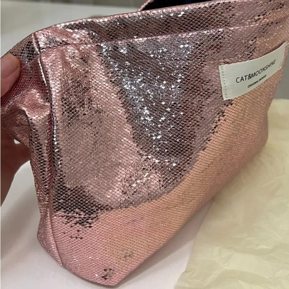Portable Shiny Sequins Makeup Bag Silver Champagne Cosmetic Bag Solid Color Toiletries Skincare Storage Bag Travel