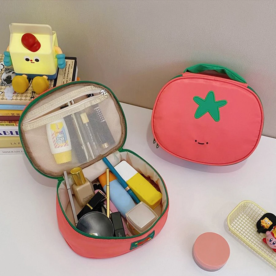 Tomato Shaped Cute Cosmetic Bag Nylon Waterproof Portable Makeup Pouch Unique Design Travel Wash Bag Multifunctional Toiletry St