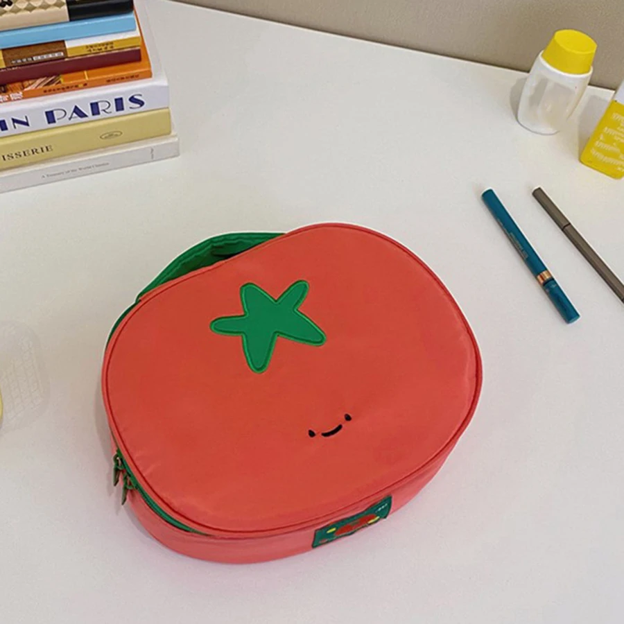 Tomato Shaped Cute Cosmetic Bag Nylon Waterproof Portable Makeup Pouch Unique Design Travel Wash Bag Multifunctional Toiletry St