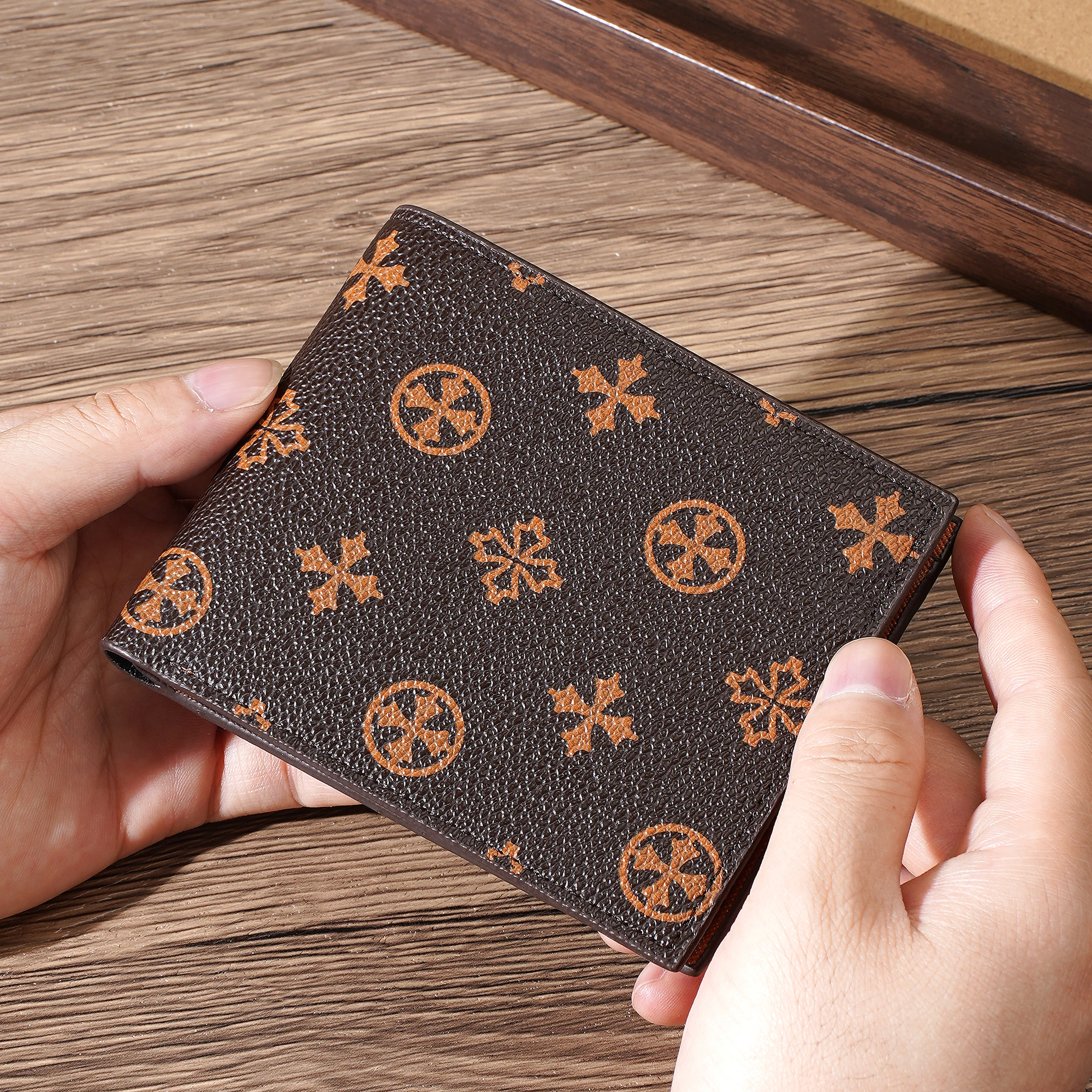 1Pcs-Baellerry Men's Vintage Floral Short Wallet, Classic Pattern Pu Leather Ultra-Thin Business Casual Wallet, Business Commuter Wallet