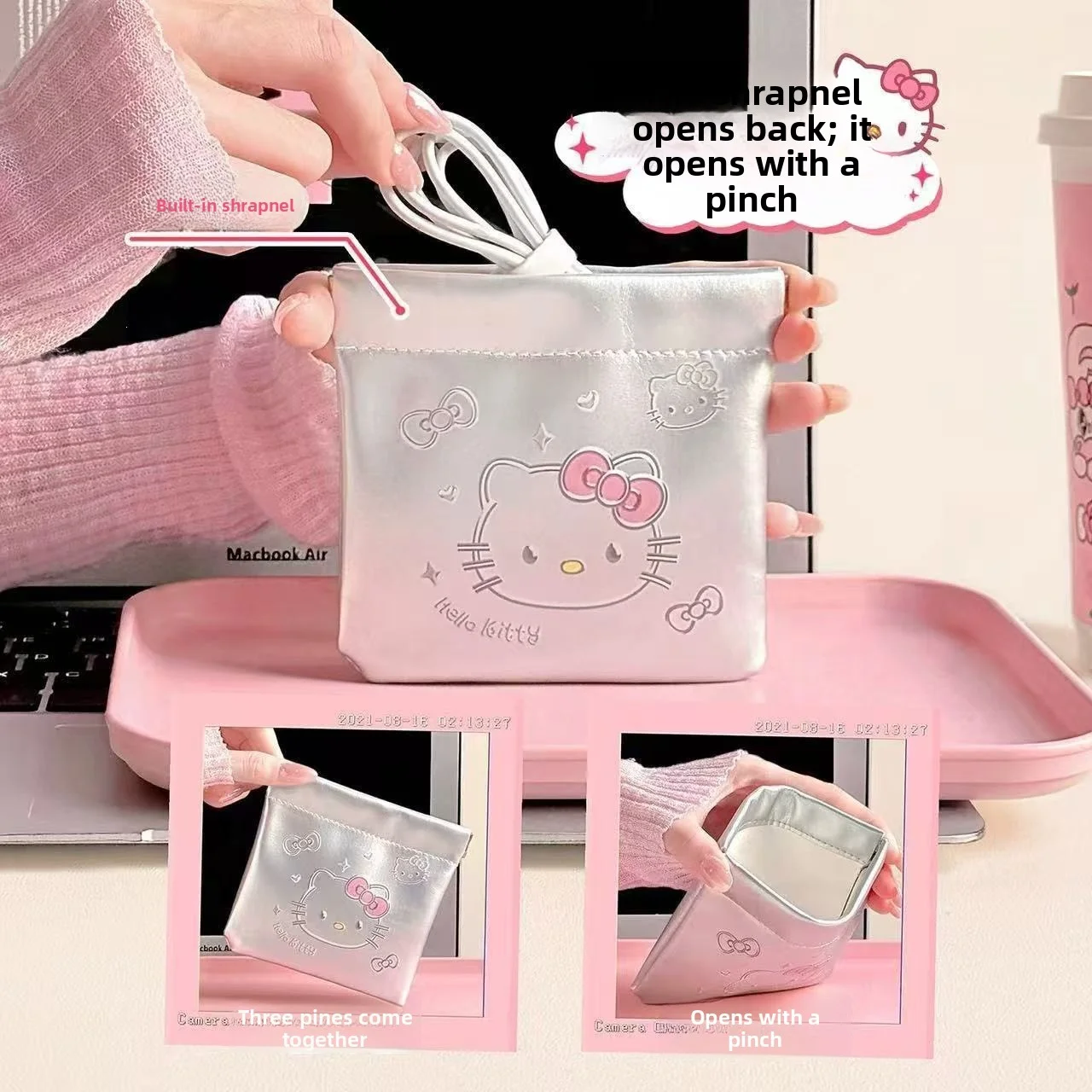 Portable travel data cable storage bag, coin purse, automatic closing spring clip, lipstick makeup bag, small inner storage bag,