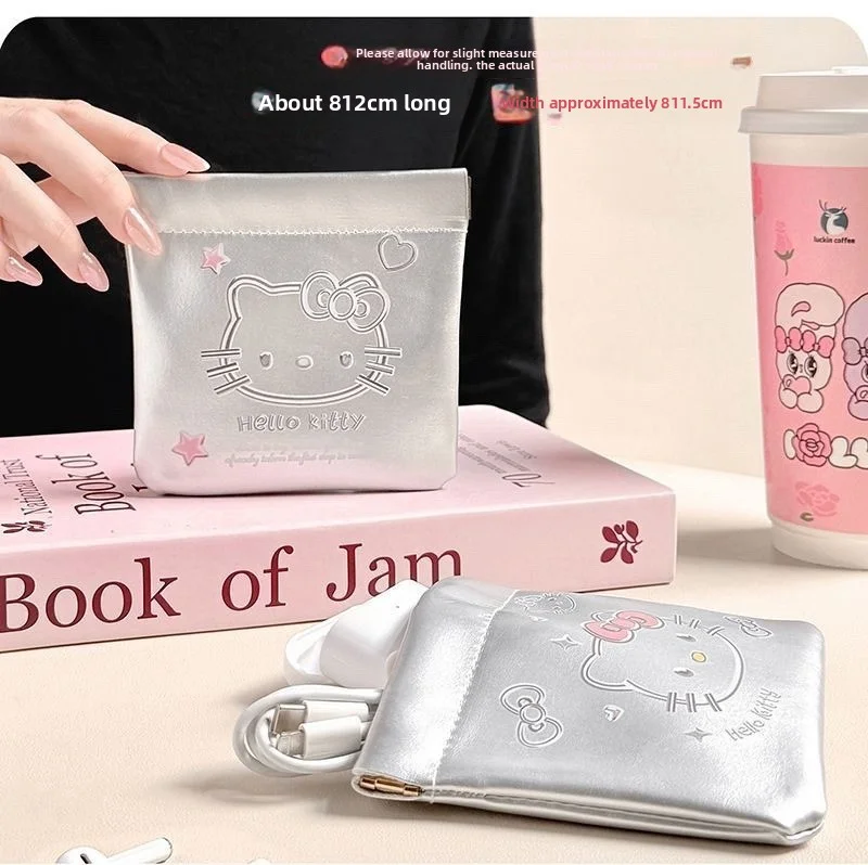 Portable travel data cable storage bag, coin purse, automatic closing spring clip, lipstick makeup bag, small inner storage bag,