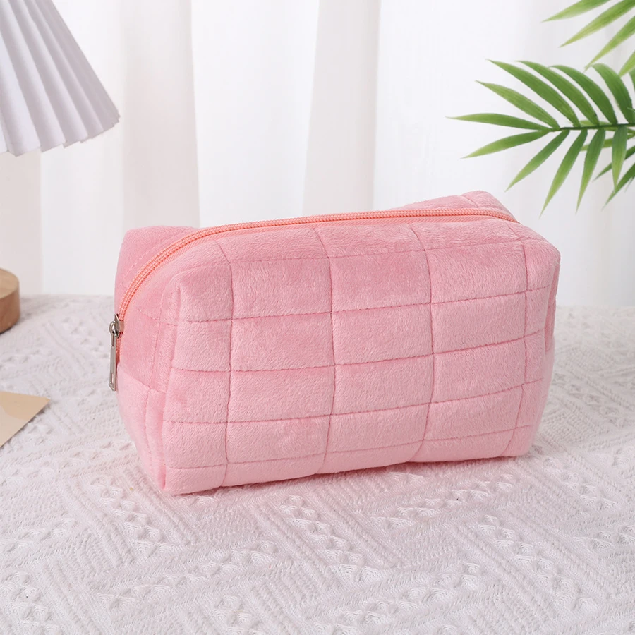 3-Piece Set of Plush Makeup Bags, Plaid Makeup Bag, Large Capacity Zippered Travel Toiletry Bag, Portable Multifunctional Storage Bag, Cute Makeup Brush Storage Pouch, Suitable for Women, Pink, Blue, White