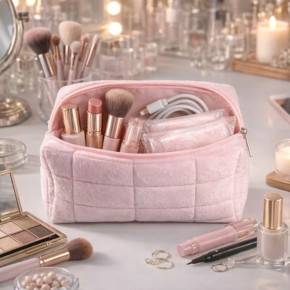 3-Piece Set of Plush Makeup Bags, Plaid Makeup Bag, Large Capacity Zippered Travel Toiletry Bag, Portable Multifunctional Storage Bag, Cute Makeup Brush Storage Pouch, Suitable for Women, Pink, Blue, White