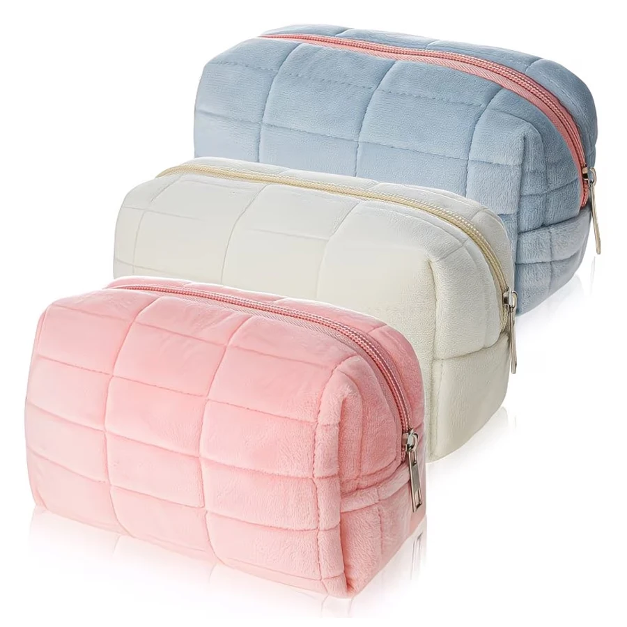 3-Piece Set of Plush Makeup Bags, Plaid Makeup Bag, Large Capacity Zippered Travel Toiletry Bag, Portable Multifunctional Storage Bag, Cute Makeup Brush Storage Pouch, Suitable for Women, Pink, Blue, White
