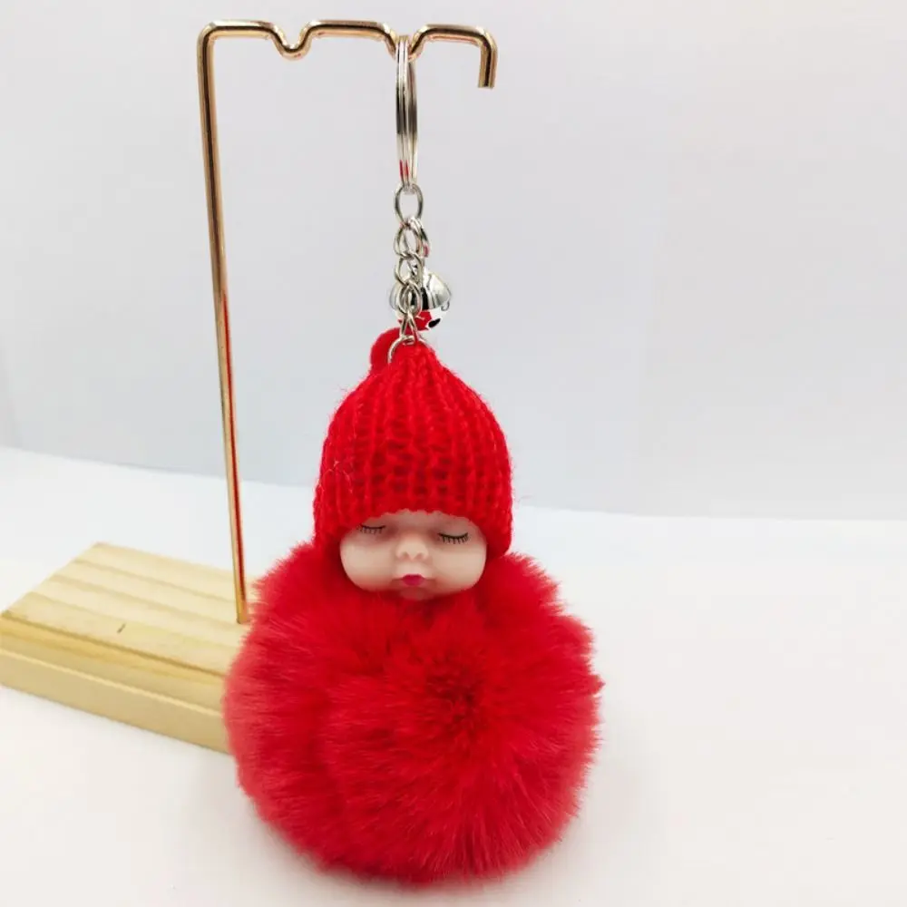 Sleeping Baby Key Ring Bag Pendant Pompom Key Buckle Faux Rabbit Fur Keyrings Plush Knitted Hat Keychain Fluffy Jewelry Key Ring