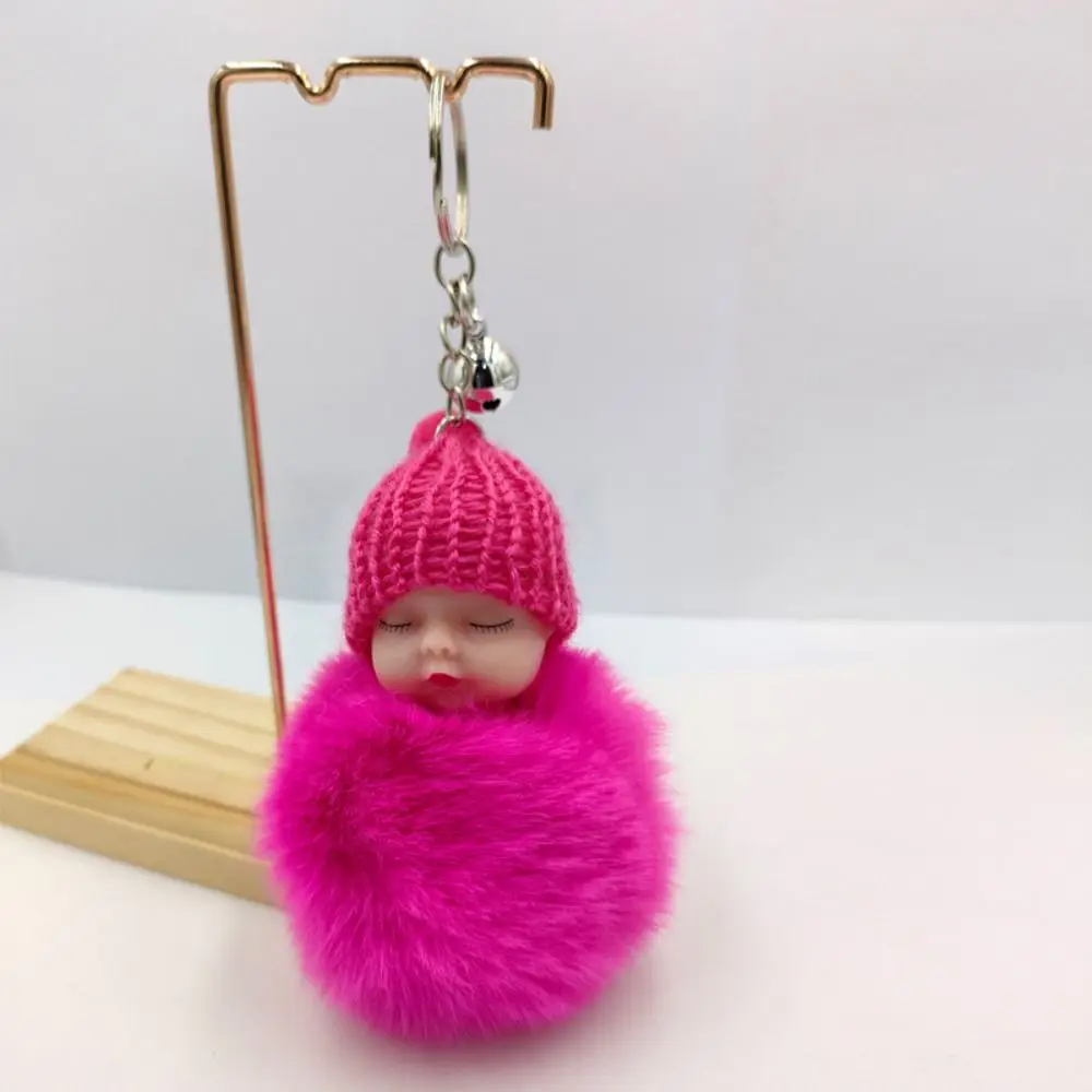 Sleeping Baby Key Ring Bag Pendant Pompom Key Buckle Faux Rabbit Fur Keyrings Plush Knitted Hat Keychain Fluffy Jewelry Key Ring