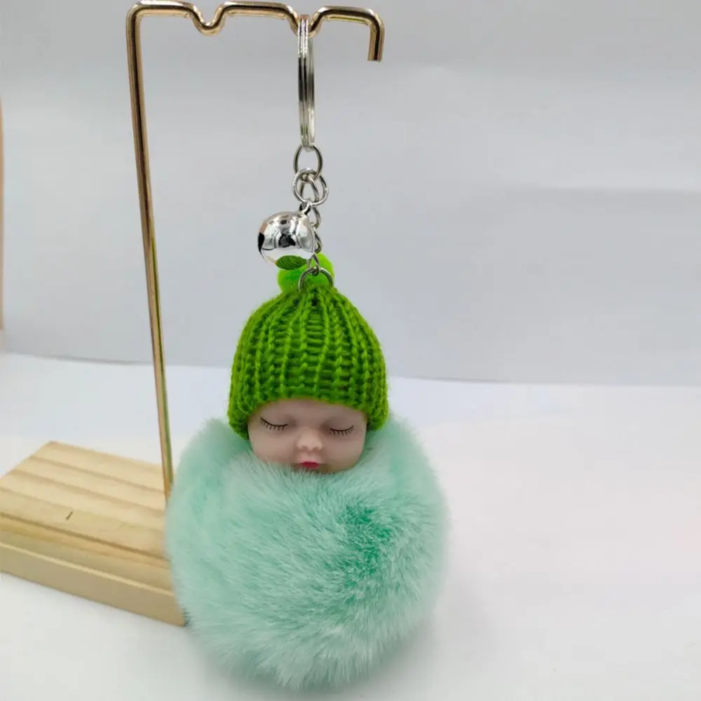 Sleeping Baby Key Ring Bag Pendant Pompom Key Buckle Faux Rabbit Fur Keyrings Plush Knitted Hat Keychain Fluffy Jewelry Key Ring