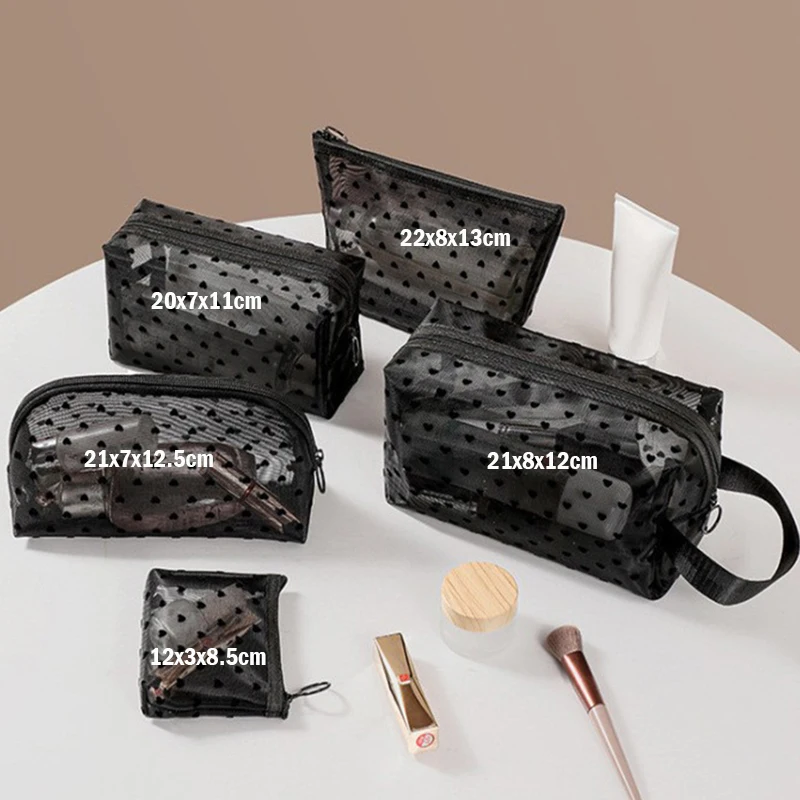 Heart Transparent Mesh Makeup Bag Multifunction Portable Women Cosmetic Storage Pouch Ladies Toiletry Lipstick Organizer Bags