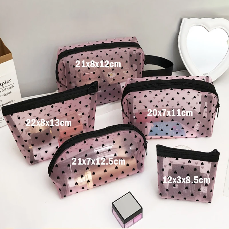 Heart Transparent Mesh Makeup Bag Multifunction Portable Women Cosmetic Storage Pouch Ladies Toiletry Lipstick Organizer Bags