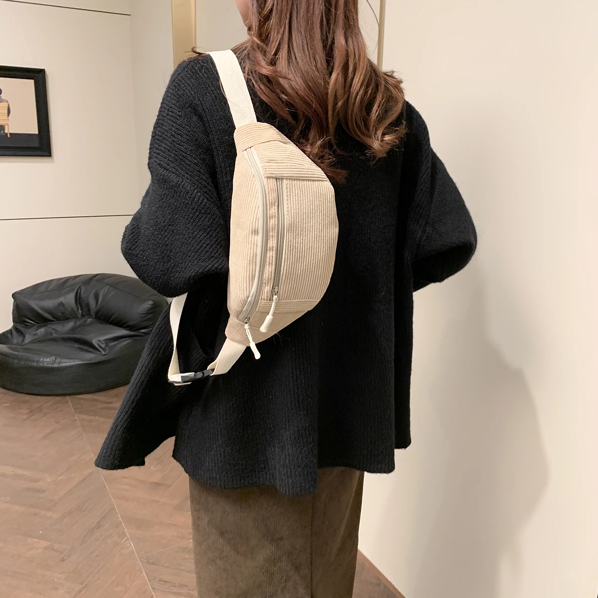 Women Waist Bag Corduroy Student Shoulder Handbag Crossbody Chest Breast Bag Fanny Pack Fashion Phone Female Bum Belt Purse