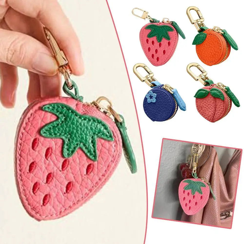 2026 Mini Cherry Fruit Shape Coin Purse Portable Strawberry Blueberry Peach Lemon Cute PU Leather Pouch Wallet Pendant Key Chain