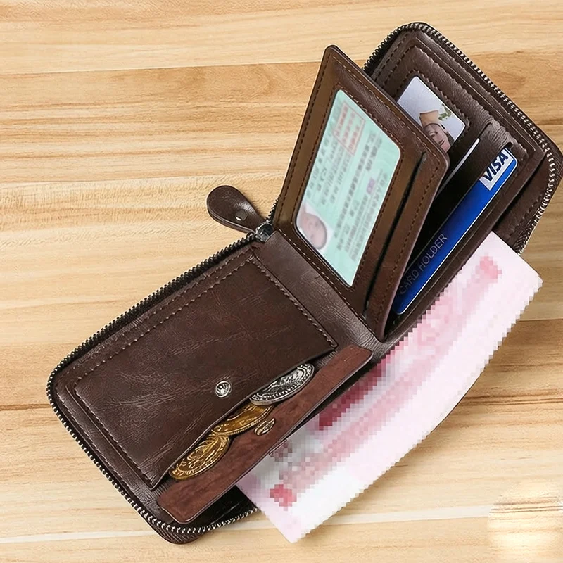 Business Casual Men's Zipper Wallet, Multi-card Slot ID Holder Wallet