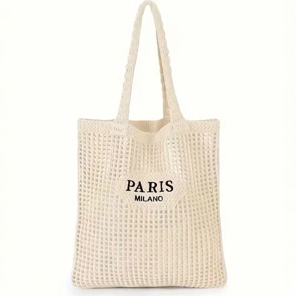 1 Piece Women's Knitted Woven Tote Bag - Paris Lettered Open Shoulder Bag, Breathable Beach & Travel Bag, Washable Fabric, Casual Shopping Accessory, Durable Woven Design, Exclusive for Fashion Enthusiasts