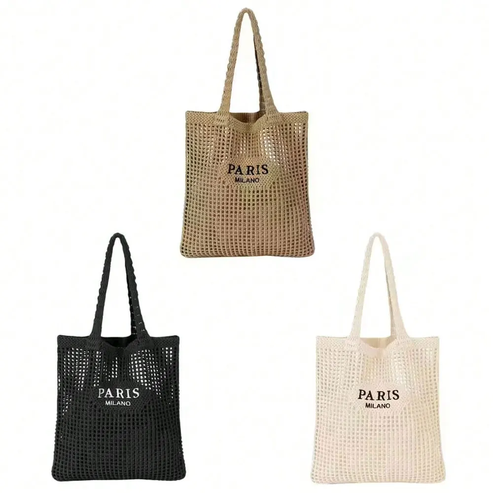 1 Piece Women's Knitted Woven Tote Bag - Paris Lettered Open Shoulder Bag, Breathable Beach & Travel Bag, Washable Fabric, Casual Shopping Accessory, Durable Woven Design, Exclusive for Fashion Enthusiasts