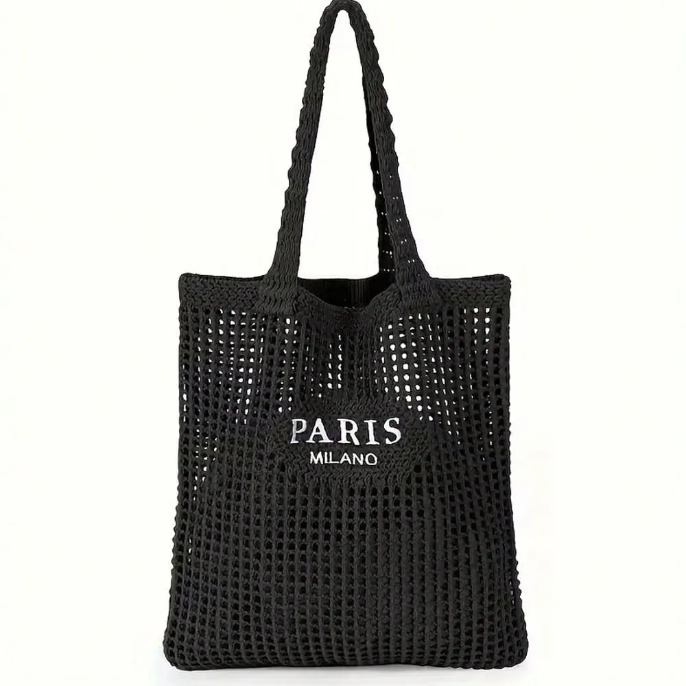1 Piece Women's Knitted Woven Tote Bag - Paris Lettered Open Shoulder Bag, Breathable Beach & Travel Bag, Washable Fabric, Casual Shopping Accessory, Durable Woven Design, Exclusive for Fashion Enthusiasts