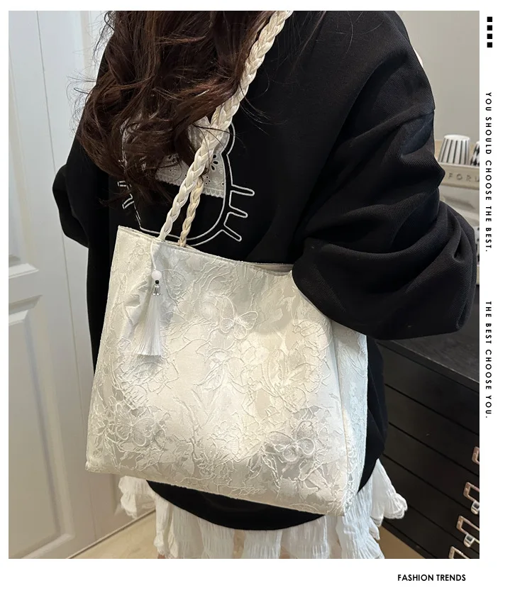 Texture Leisure New Chinese Style Shoulder Bag Antique Versatile Large Capacity Tote Bag Hanfu Element Work Commuter Storage Bag