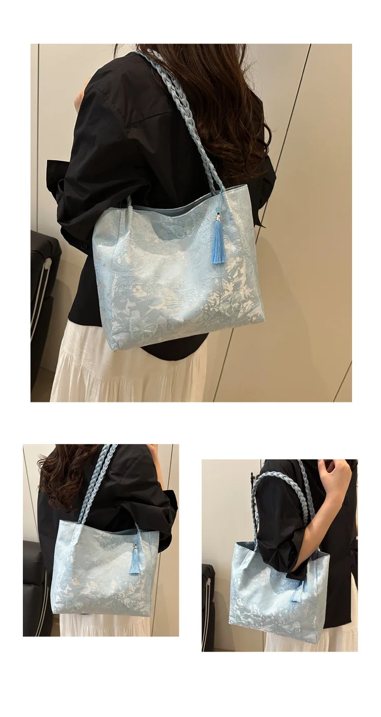 Texture Leisure New Chinese Style Shoulder Bag Antique Versatile Large Capacity Tote Bag Hanfu Element Work Commuter Storage Bag
