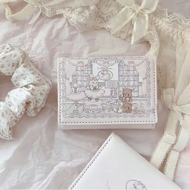 PU Leather Kawaii Lolita Style Ballet Bunny & Bear Printed Short Wallet