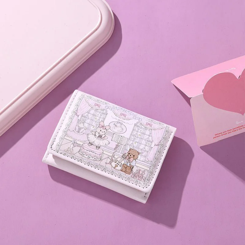 PU Leather Kawaii Lolita Style Ballet Bunny & Bear Printed Short Wallet