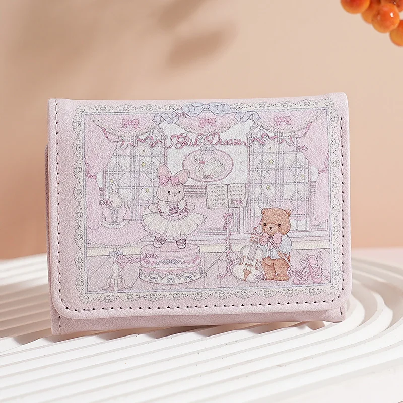 PU Leather Kawaii Lolita Style Ballet Bunny & Bear Printed Short Wallet