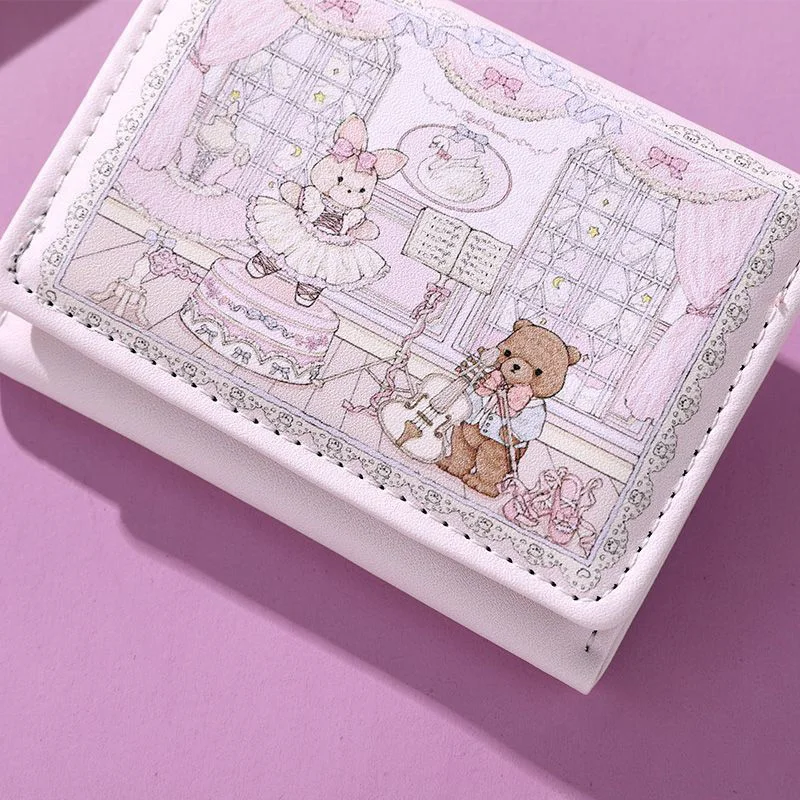 PU Leather Kawaii Lolita Style Ballet Bunny & Bear Printed Short Wallet