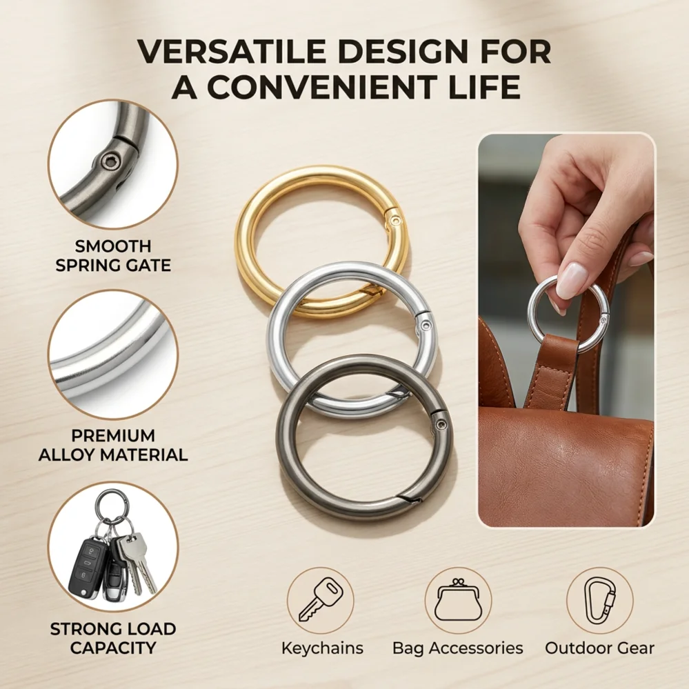 5-50Pcs Alloy Round Ring Key Chains Spring Clasps Bag Hanger Hooks for Purse Bag Open Carabiner Buckles Connectors DIY Jewelry