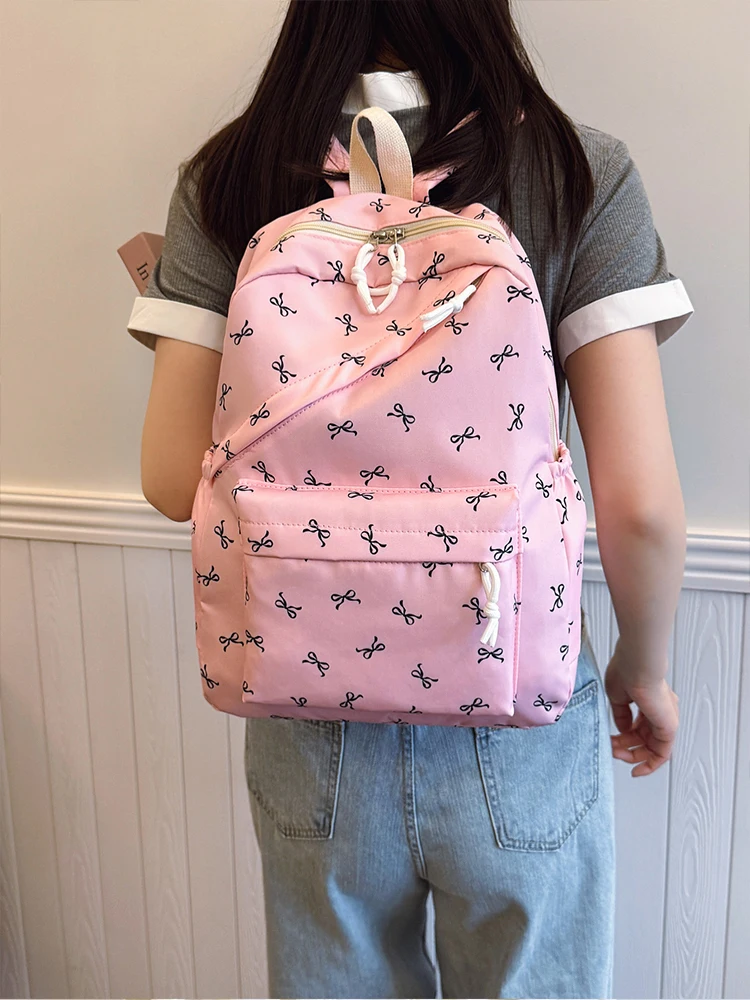 Fashionable Cute Backpack Bow Print Bookbag with Laptop Protection Adjustable Straps Laptop Backpack for Back To School Season