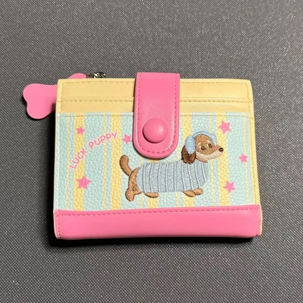Ins Dachshund Embroidery Short Wallet Dopamine Color Cartoon Dog Card Bag PU Zipper Coin Purse Women Girl
