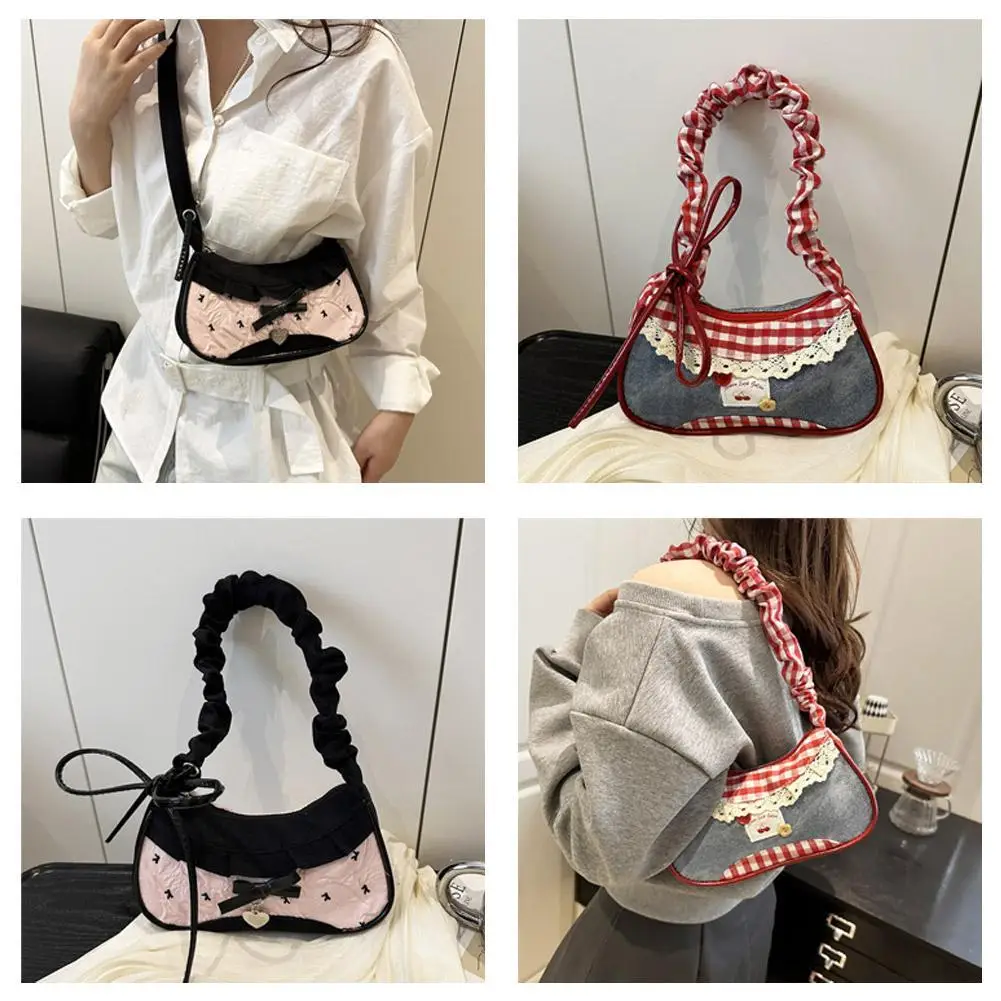 Fashion Grid Women Bag Lace Ribbon Stretchable Shoulder Strap Single Shoulder Underarm Bag Daily Commuting Student Handbag