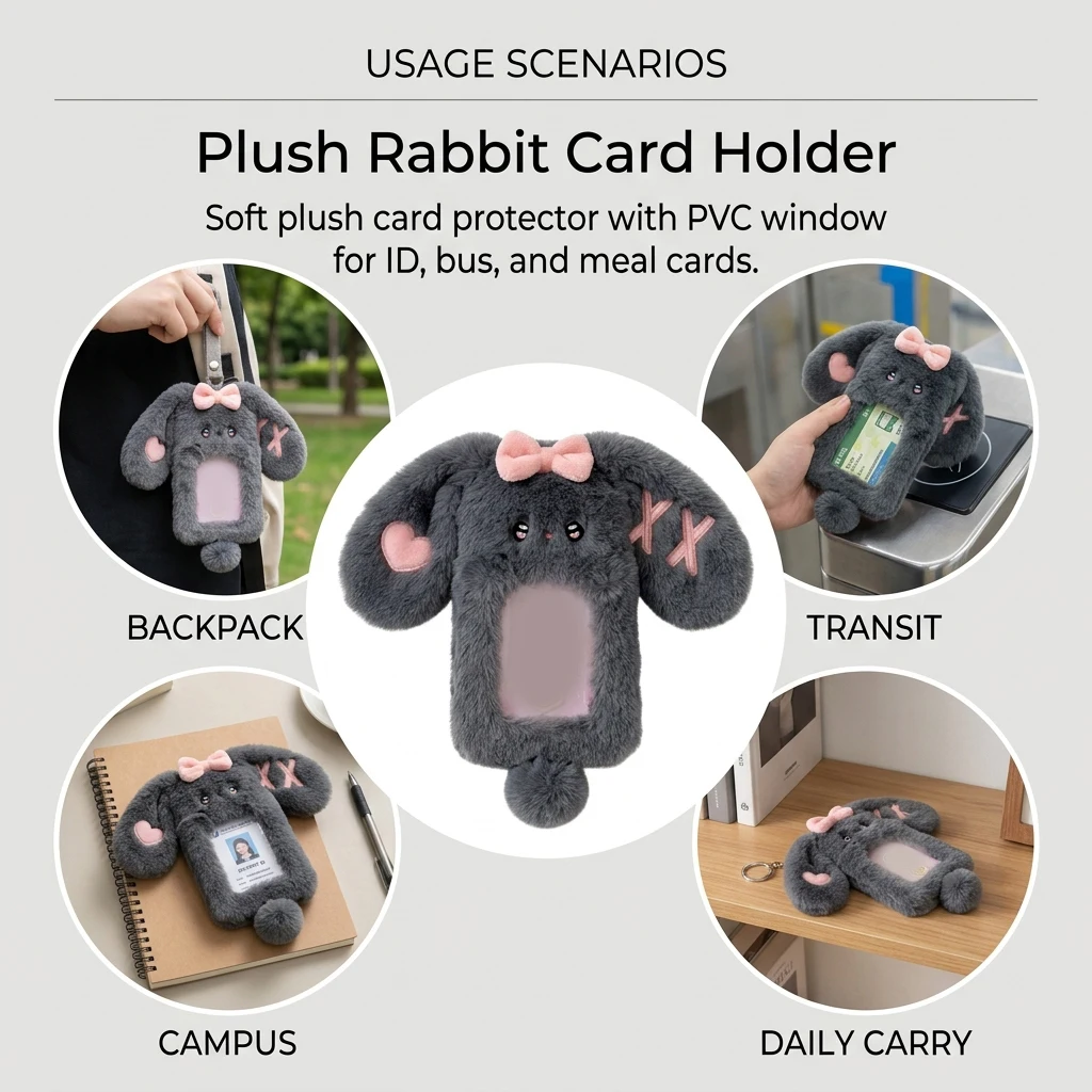 1PCS Plush Photocard Holder Cute Cartoon Rabbit with Long Ears Design Soft ID Credit Card Protector Band Photo Card Sleeve