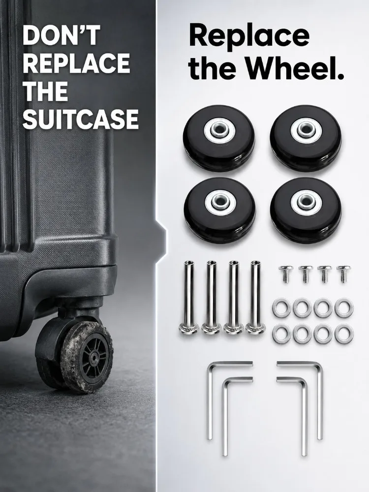Luggage Wheels Replacement Black Rubber Universal Casters Fix Noisy Broken Suitcase Spinner Repair Parts Kit for Travel DIY User