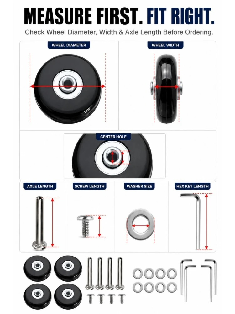 Luggage Wheels Replacement Black Rubber Universal Casters Fix Noisy Broken Suitcase Spinner Repair Parts Kit for Travel DIY User