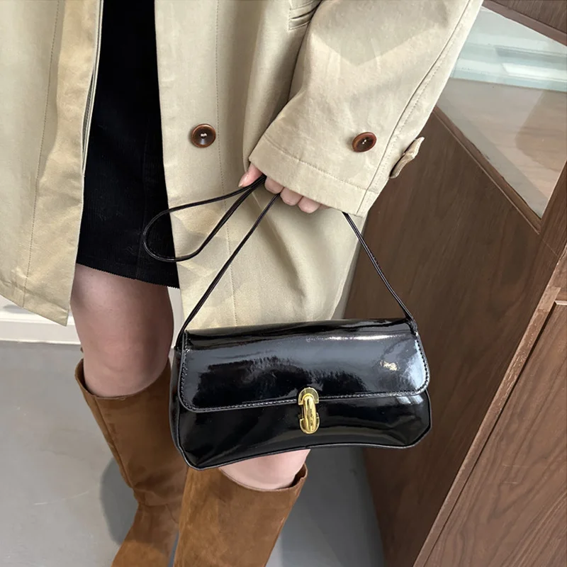 Stylish Wine Red Patent Leather Women Underarm Bag, Sleek Sling Purse with Gold Turn Lock Women's Daily Handbags Shoulder Bags
