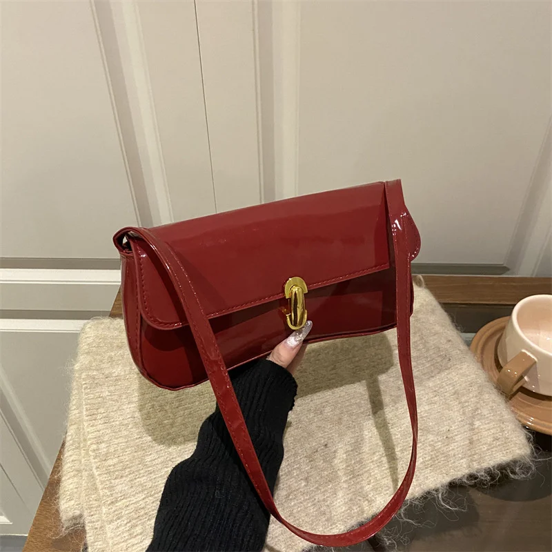 Stylish Wine Red Patent Leather Women Underarm Bag, Sleek Sling Purse with Gold Turn Lock Women's Daily Handbags Shoulder Bags