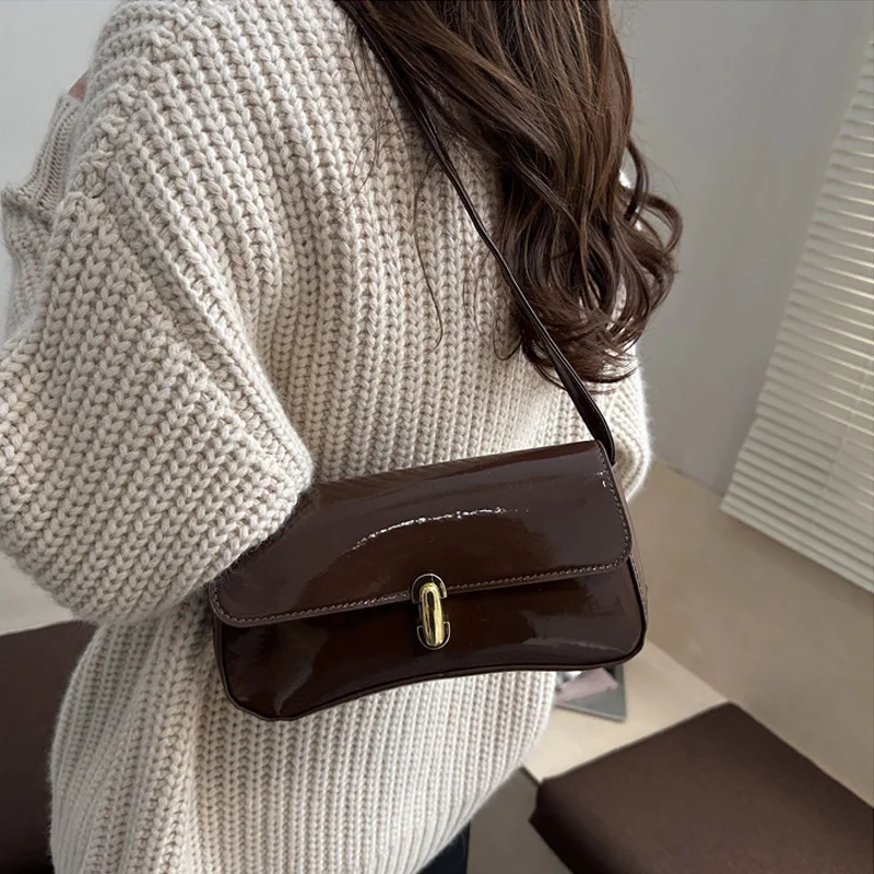 Stylish Wine Red Patent Leather Women Underarm Bag, Sleek Sling Purse with Gold Turn Lock Women's Daily Handbags Shoulder Bags