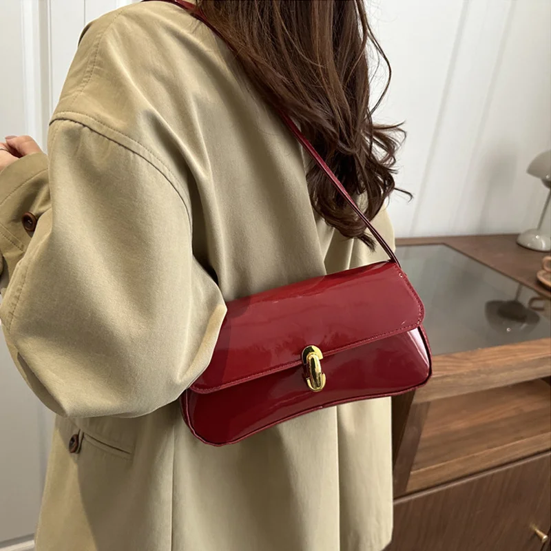 Stylish Wine Red Patent Leather Women Underarm Bag, Sleek Sling Purse with Gold Turn Lock Women's Daily Handbags Shoulder Bags