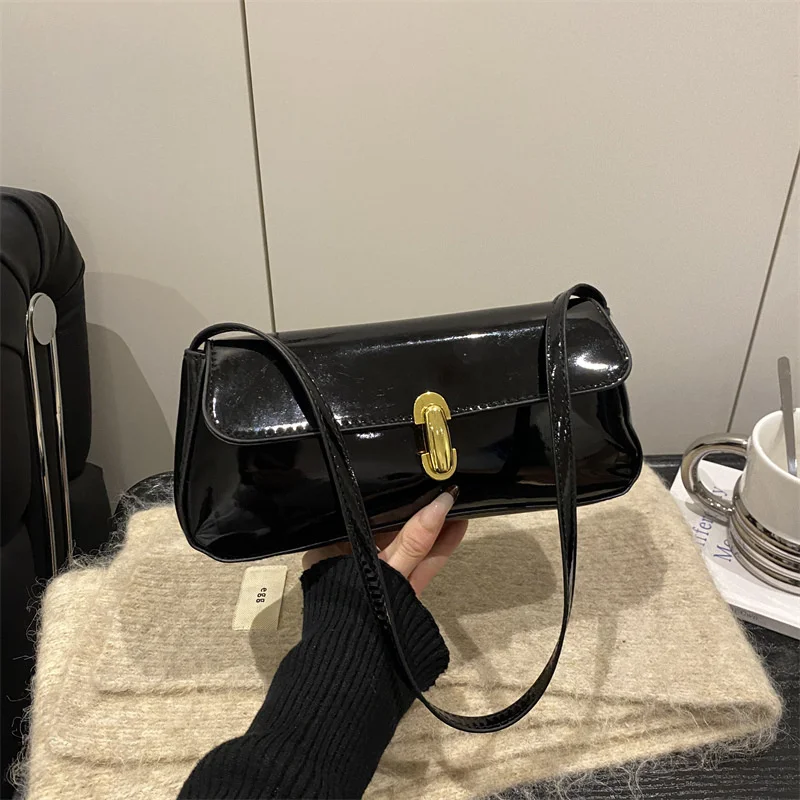 Stylish Wine Red Patent Leather Women Underarm Bag, Sleek Sling Purse with Gold Turn Lock Women's Daily Handbags Shoulder Bags
