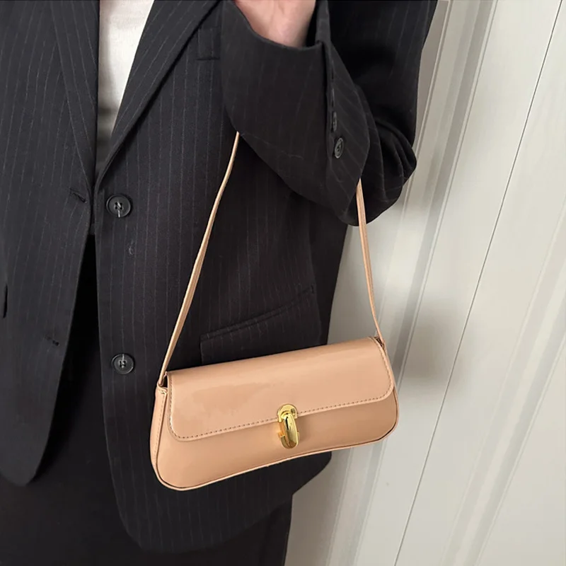 Stylish Wine Red Patent Leather Women Underarm Bag, Sleek Sling Purse with Gold Turn Lock Women's Daily Handbags Shoulder Bags