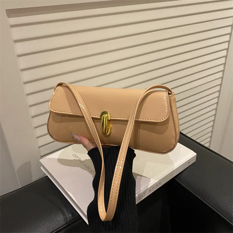Stylish Wine Red Patent Leather Women Underarm Bag, Sleek Sling Purse with Gold Turn Lock Women's Daily Handbags Shoulder Bags