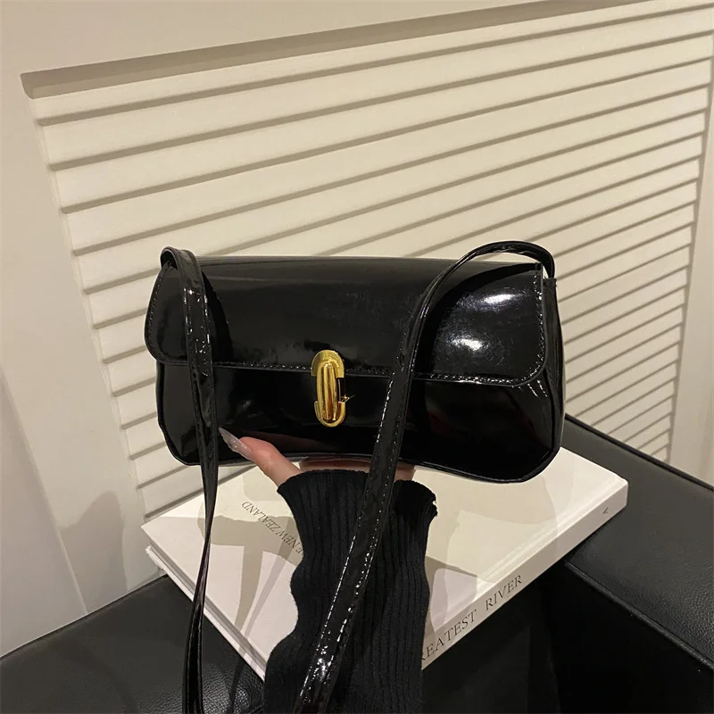 Stylish Wine Red Patent Leather Women Underarm Bag, Sleek Sling Purse with Gold Turn Lock Women's Daily Handbags Shoulder Bags