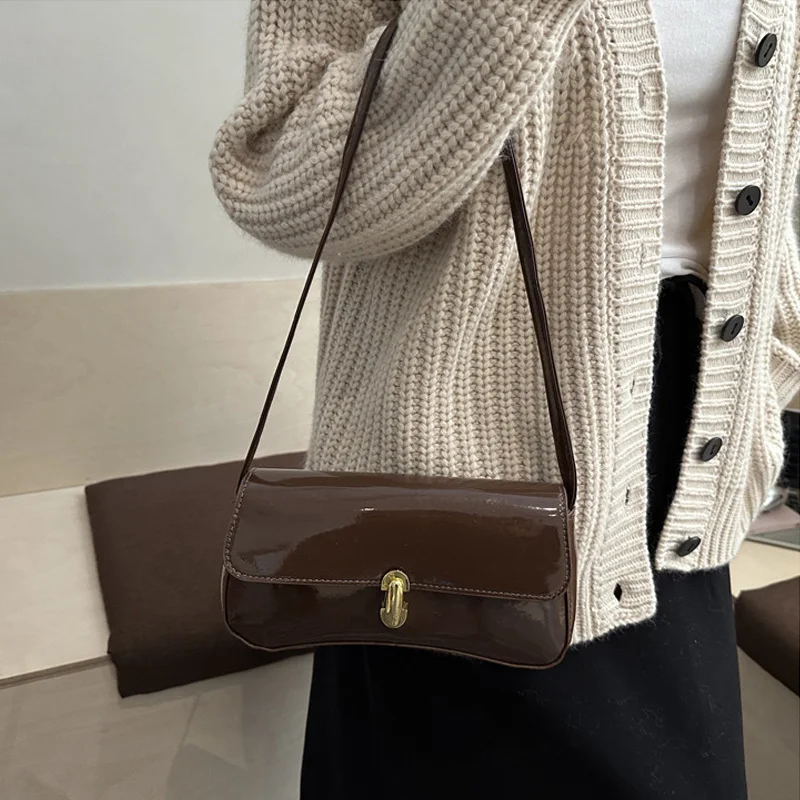 Stylish Wine Red Patent Leather Women Underarm Bag, Sleek Sling Purse with Gold Turn Lock Women's Daily Handbags Shoulder Bags