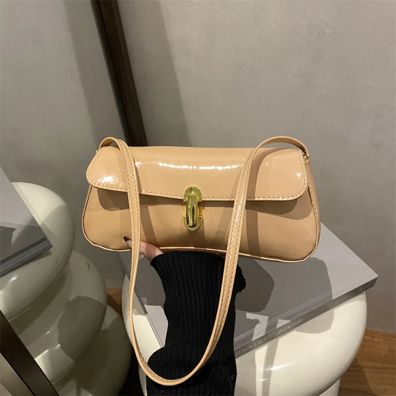 Stylish Wine Red Patent Leather Women Underarm Bag, Sleek Sling Purse with Gold Turn Lock Women's Daily Handbags Shoulder Bags