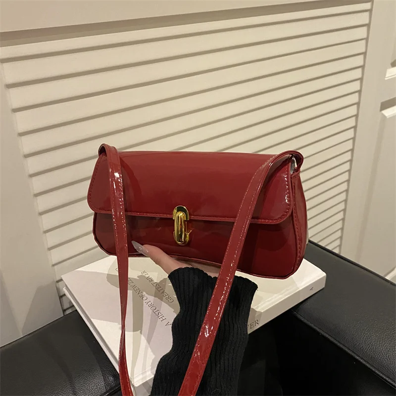 Stylish Wine Red Patent Leather Women Underarm Bag, Sleek Sling Purse with Gold Turn Lock Women's Daily Handbags Shoulder Bags