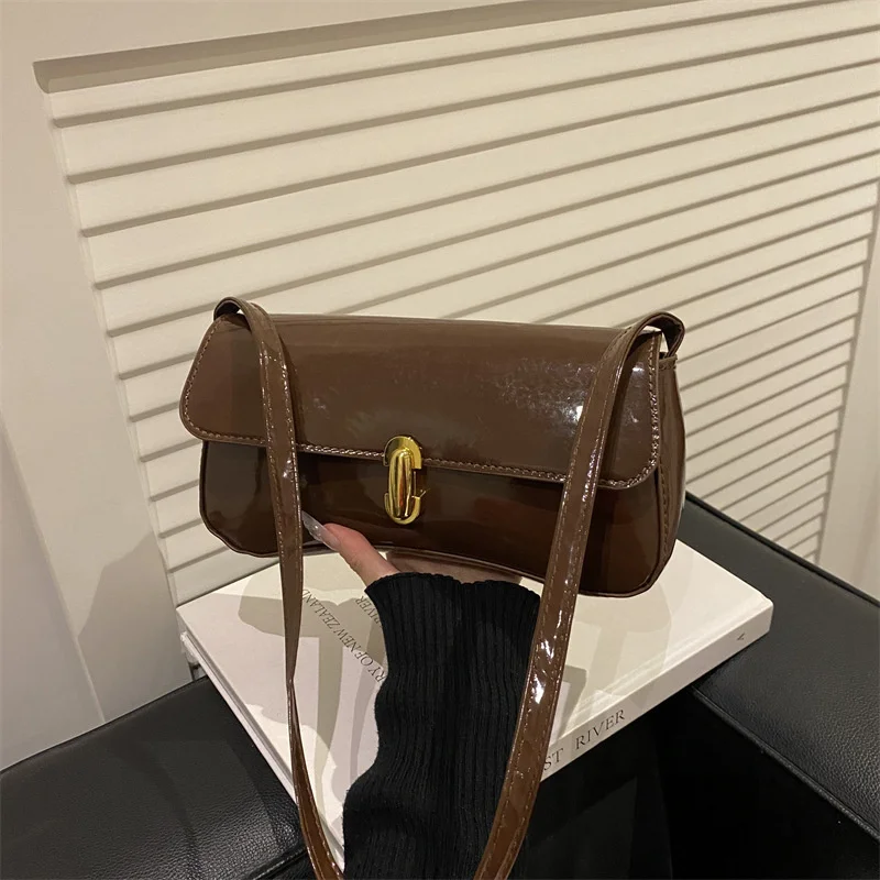 Stylish Wine Red Patent Leather Women Underarm Bag, Sleek Sling Purse with Gold Turn Lock Women's Daily Handbags Shoulder Bags