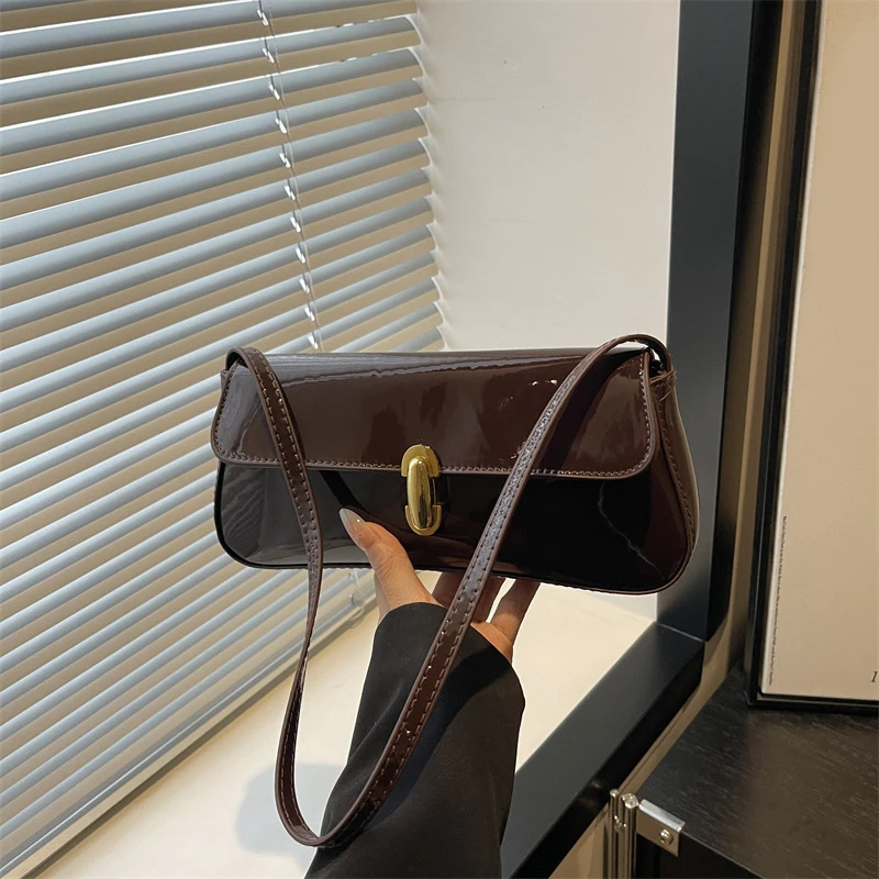 Stylish Wine Red Patent Leather Women Underarm Bag, Sleek Sling Purse with Gold Turn Lock Women's Daily Handbags Shoulder Bags
