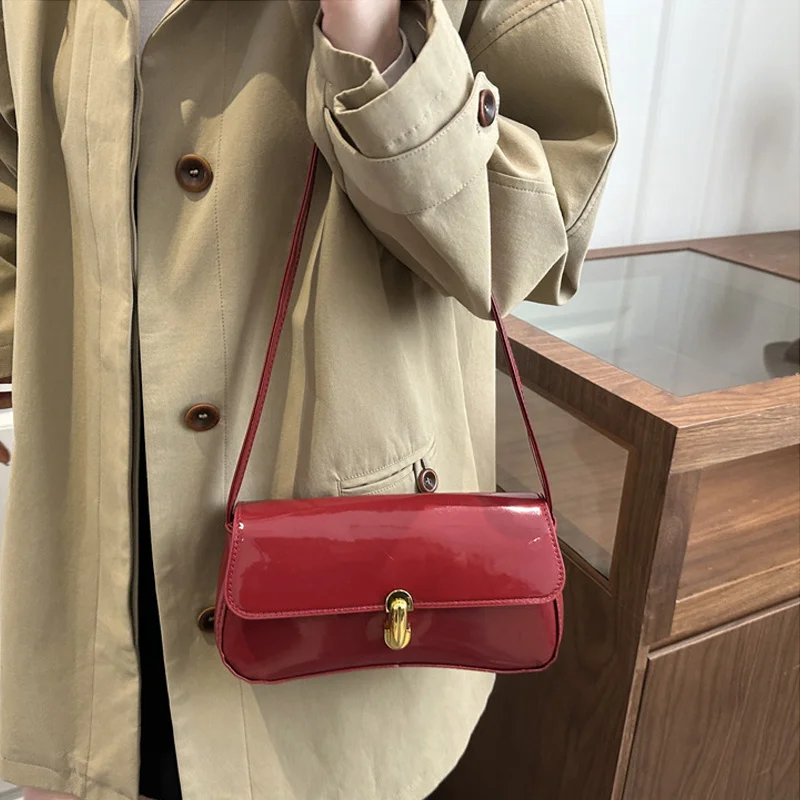 Stylish Wine Red Patent Leather Women Underarm Bag, Sleek Sling Purse with Gold Turn Lock Women's Daily Handbags Shoulder Bags