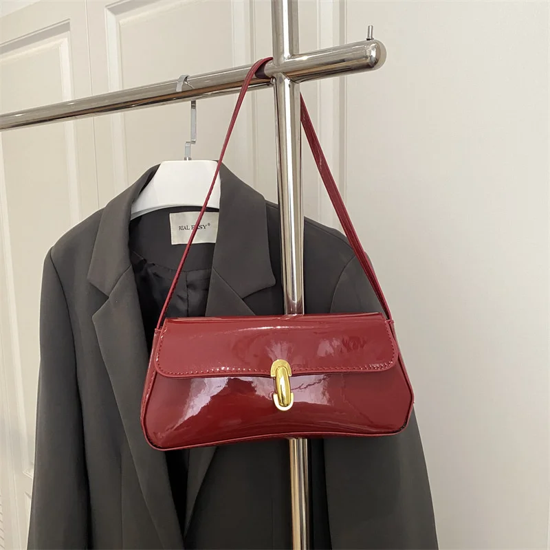 Stylish Wine Red Patent Leather Women Underarm Bag, Sleek Sling Purse with Gold Turn Lock Women's Daily Handbags Shoulder Bags