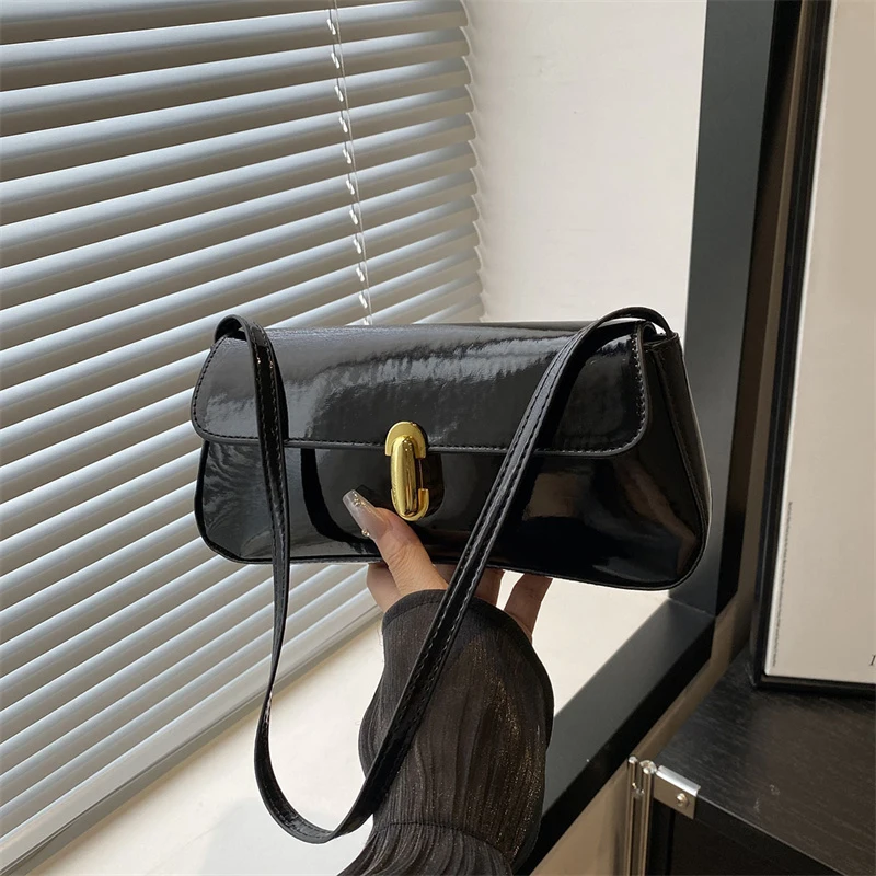 Stylish Wine Red Patent Leather Women Underarm Bag, Sleek Sling Purse with Gold Turn Lock Women's Daily Handbags Shoulder Bags