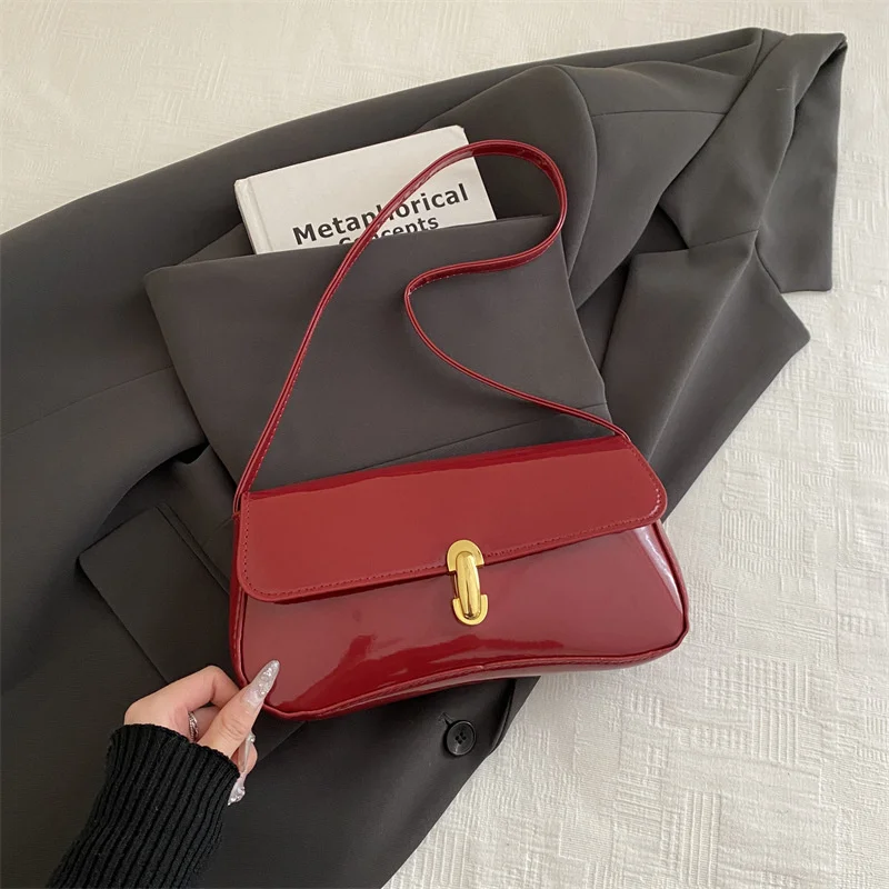 Stylish Wine Red Patent Leather Women Underarm Bag, Sleek Sling Purse with Gold Turn Lock Women's Daily Handbags Shoulder Bags
